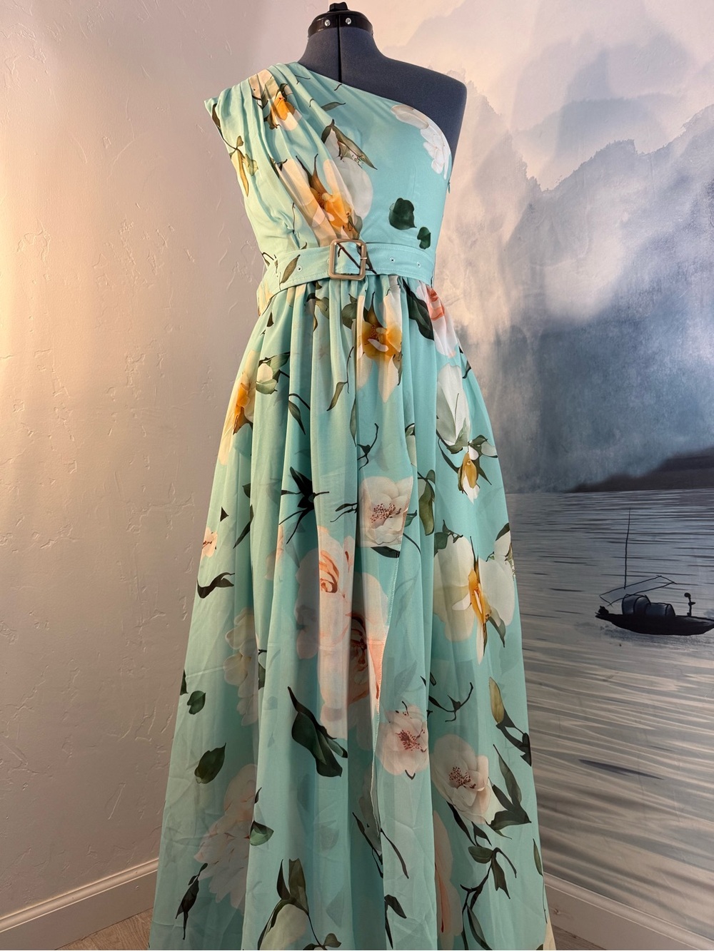 One-Shoulder Mint Green Floral Maxi Dress with Belted Waist # 176